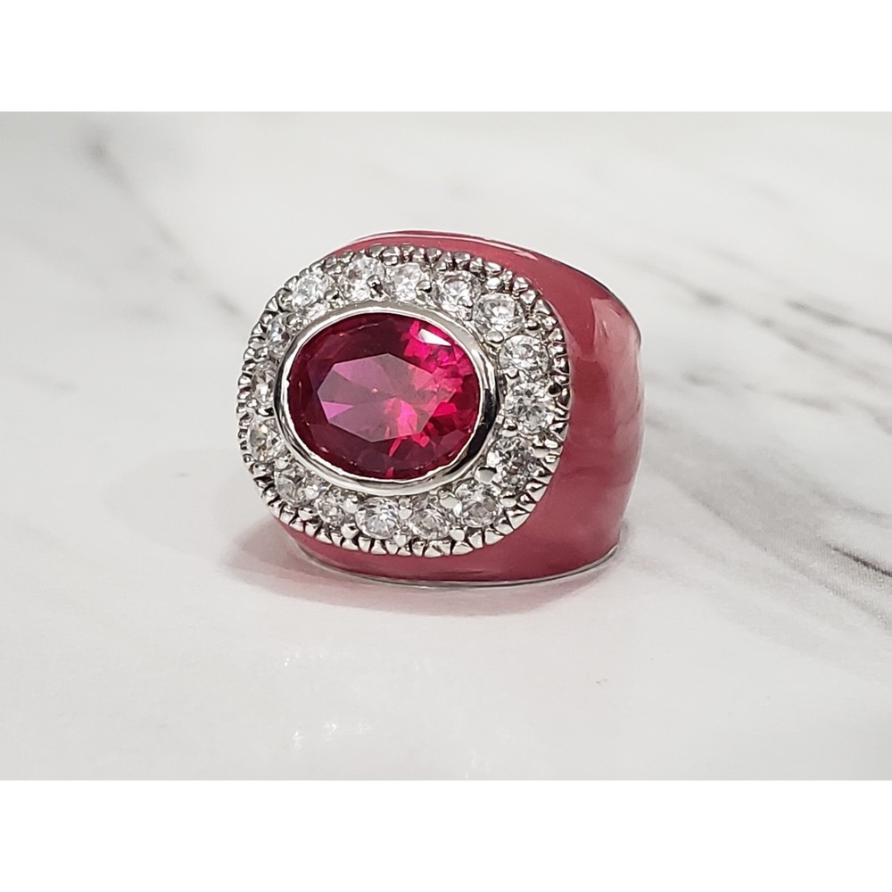 Lauren G Adams Rhinestone Cubic Zirconia HOT PINK enamel ring Art Deco Cocktail